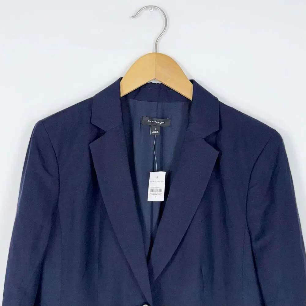 Ann Taylor Classic Linen Blend Blazer Jacket Women's 6 Navy Blue